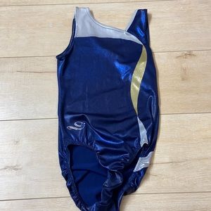 AXS blue, gold, and silver gymnastics leotard
